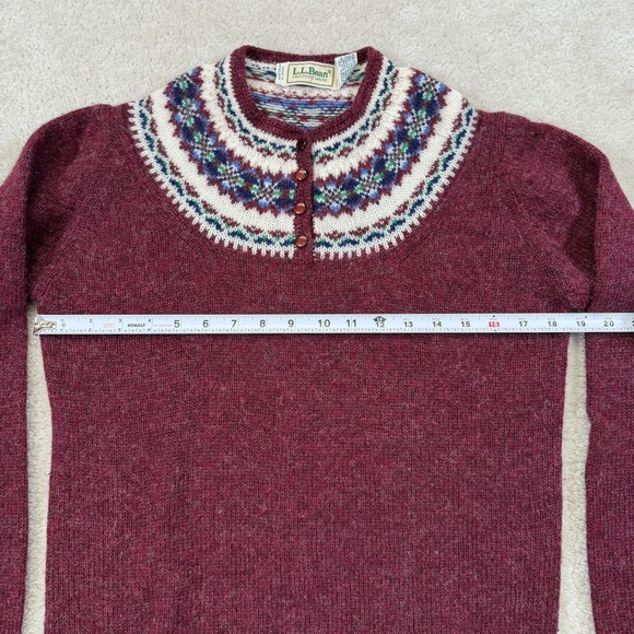 Vtg LL Bean 100% Wool Nordic Fair Isle Henley Sweater Womens Small/38 Maroon - Picture 5 of 9